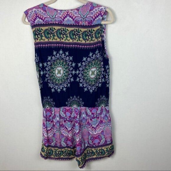 Umgee Jeweltone Print Sleeveless Romper Purple Size Large Bohemian Pockets Boho - Picture 4 of 8